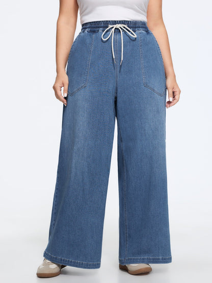 Stretchy Drawstring Waist Pocket Wide Leg Jeans