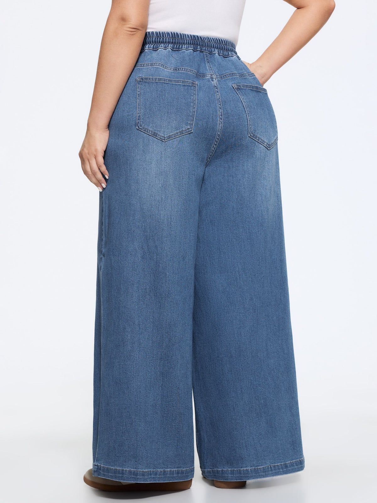Stretchy Drawstring Waist Pocket Wide Leg Jeans