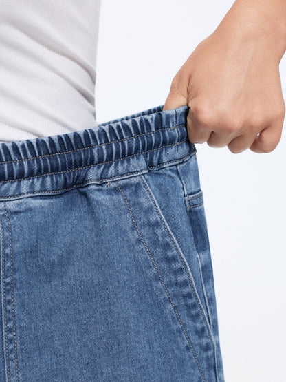 Stretchy Drawstring Waist Pocket Wide Leg Jeans