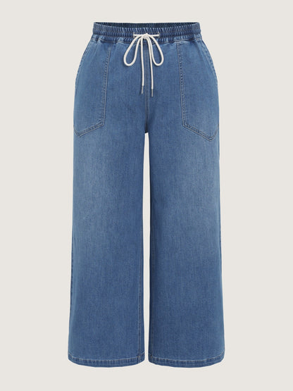 Stretchy Drawstring Waist Pocket Wide Leg Jeans