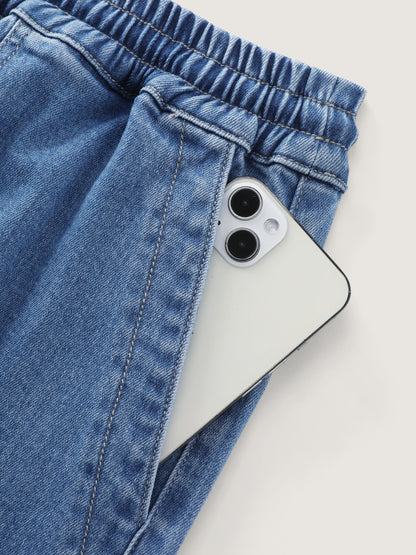 Stretchy Drawstring Waist Pocket Wide Leg Jeans