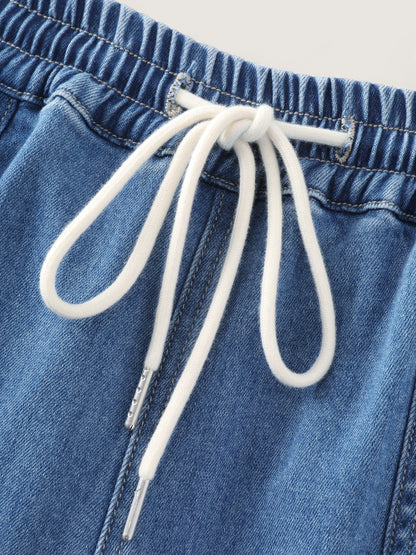 Stretchy Drawstring Waist Pocket Wide Leg Jeans
