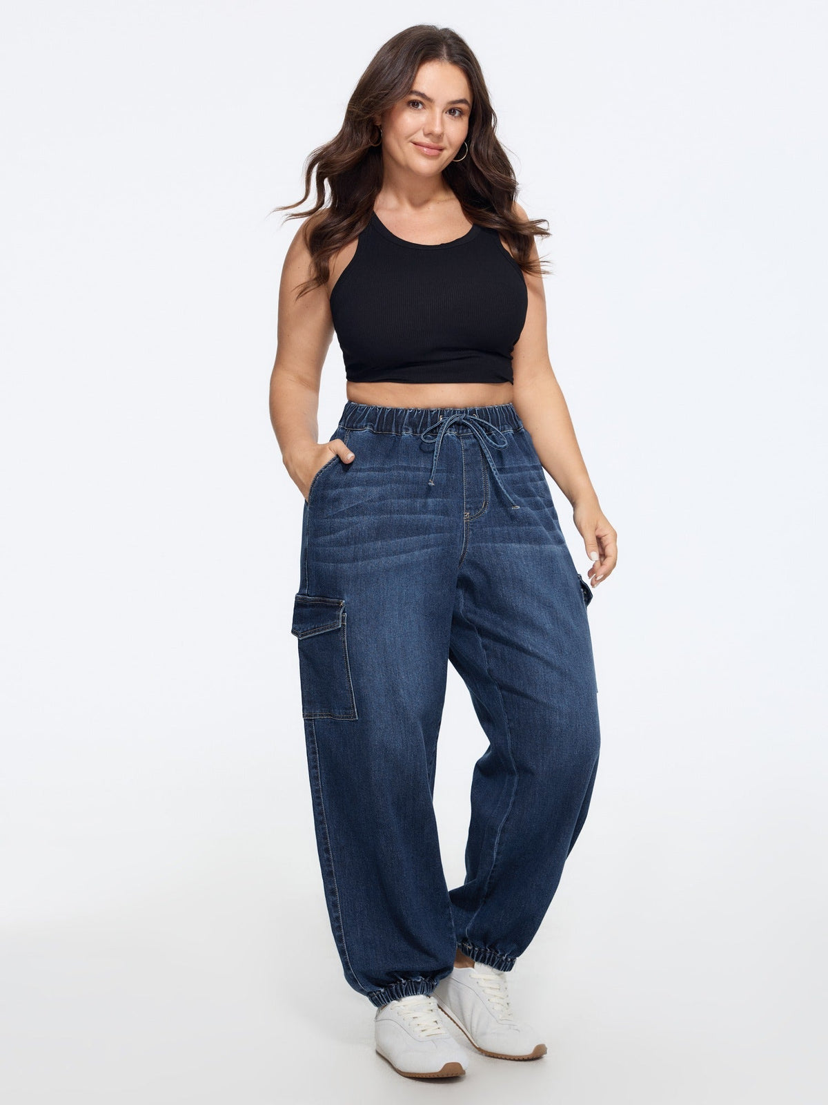 Stretchy Elastic Waist Cargo Pocket Jogger Jeans