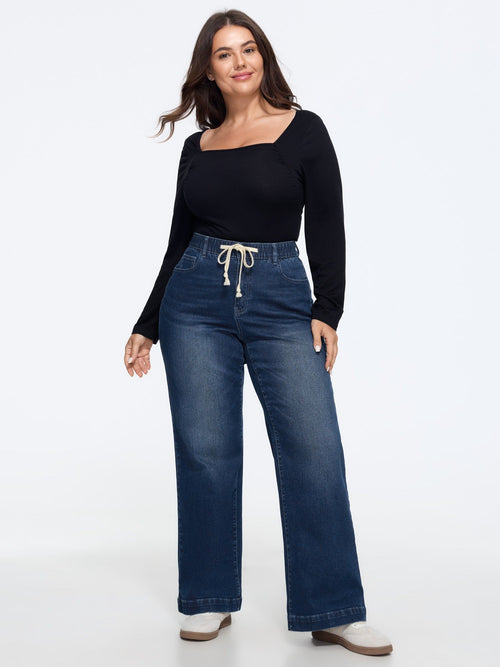 Stretchy Drawstring Waist Straight Leg Jeans