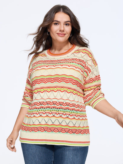 Geometric Pattern Crew Neck Cut Out Pullover