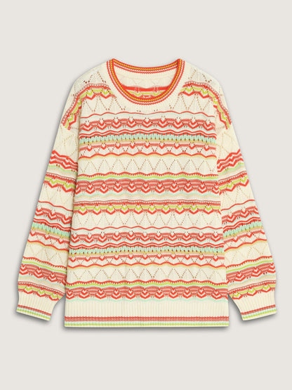 Geometric Pattern Crew Neck Cut Out Pullover
