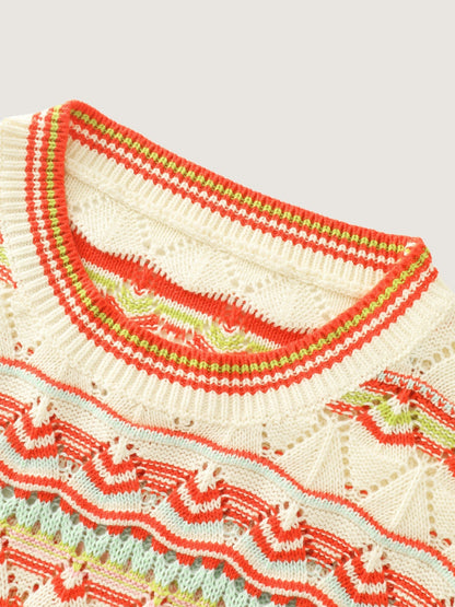 Geometric Pattern Crew Neck Cut Out Pullover