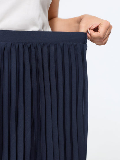 Solid Pleated Flowy Midi Skirt