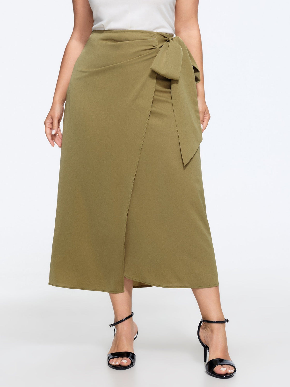 Solid Side Tie Bow Wrap Midi Skirt