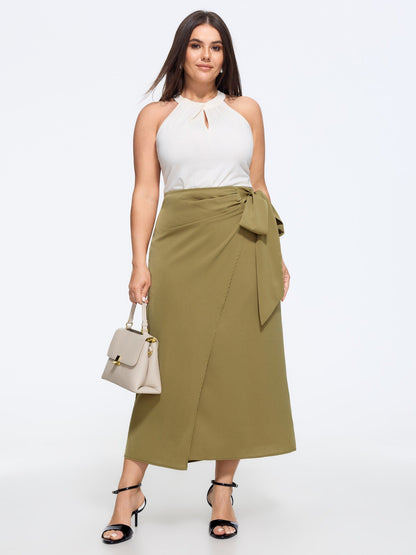 Solid Side Tie Bow Wrap Midi Skirt