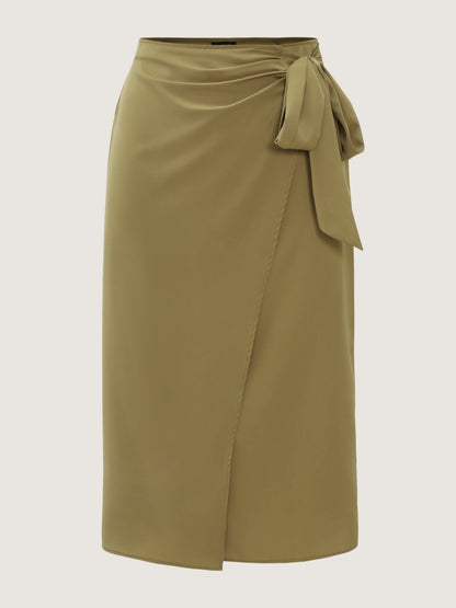 Solid Side Tie Bow Wrap Midi Skirt