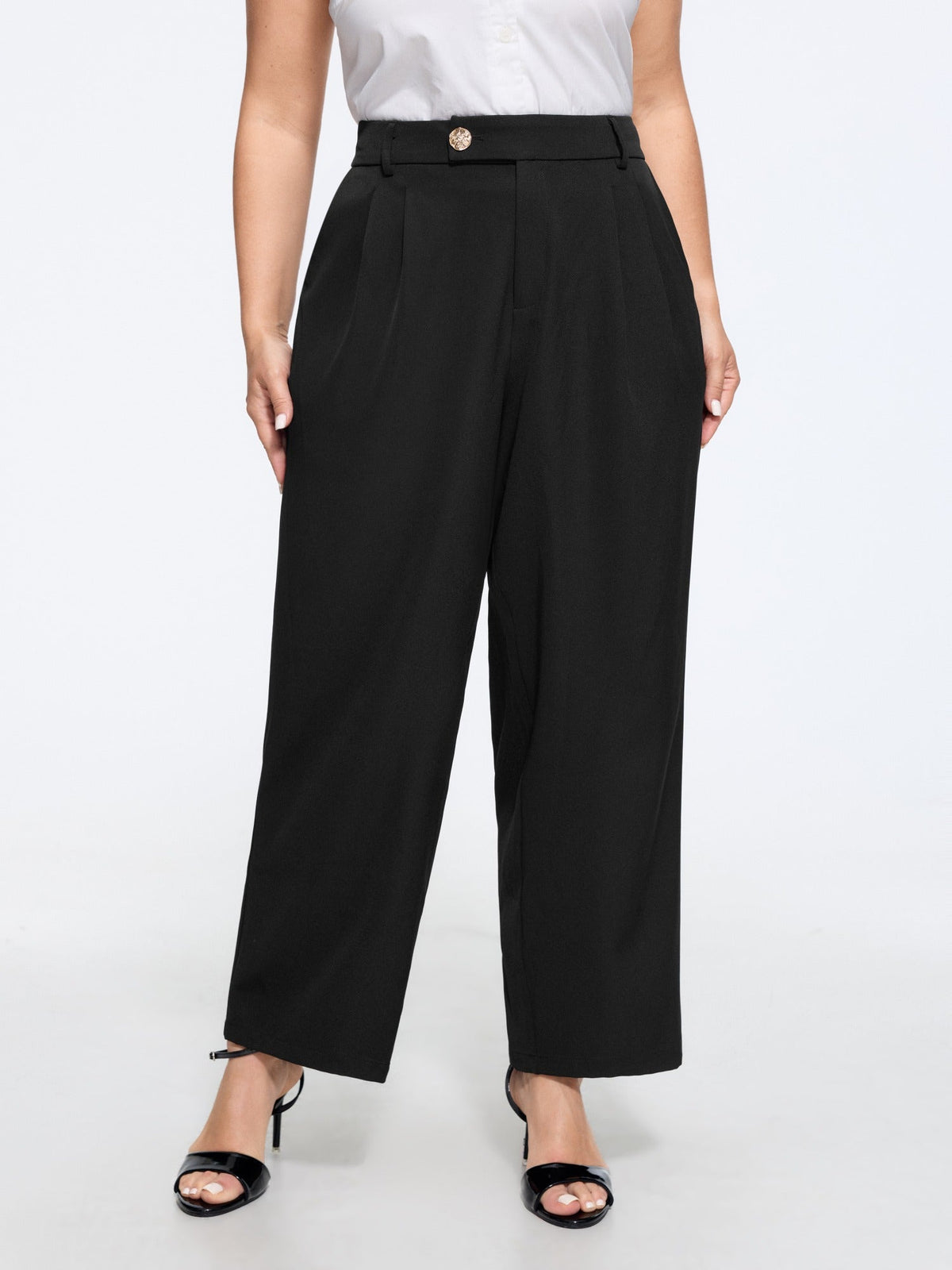 Stretchy Metal Button Pleated Straight Leg Pants