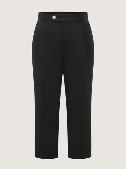 Stretchy Metal Button Pleated Straight Leg Pants
