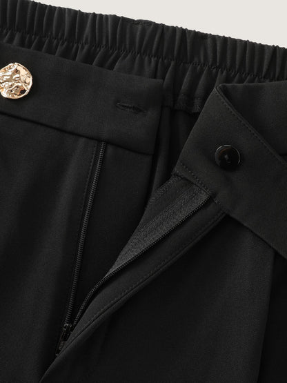 Stretchy Metal Button Pleated Straight Leg Pants