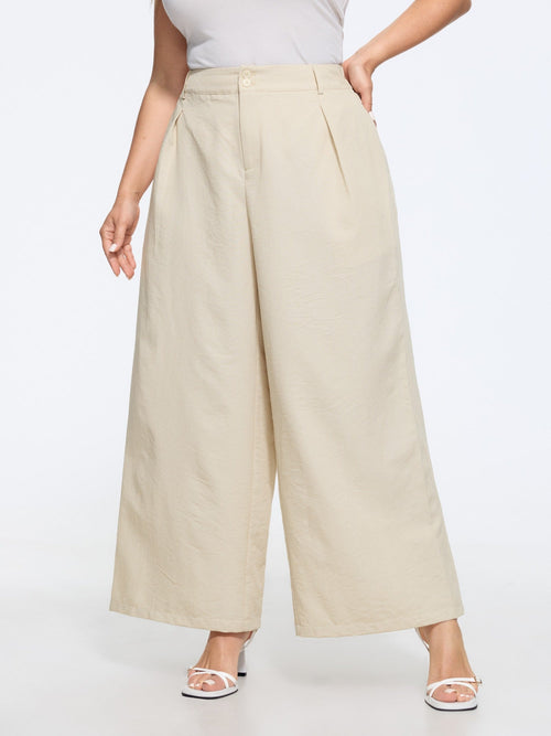 Double Button Waist Pleated Wide Leg Pants