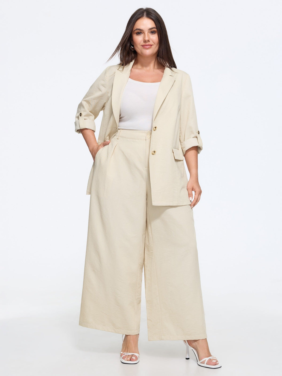 Double Button Waist Pleated Wide Leg Pants