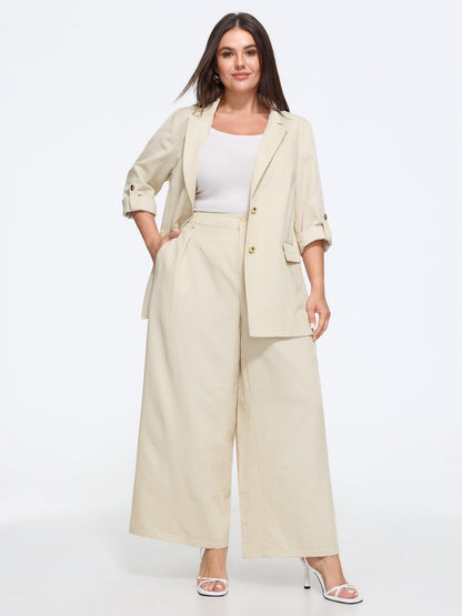 Double Button Waist Pleated Wide Leg Pants