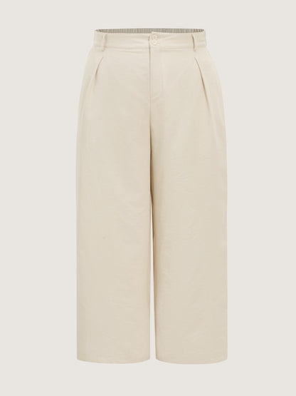 Double Button Waist Pleated Wide Leg Pants