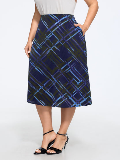 Brush Print Plaid Pocket Midi Skirt