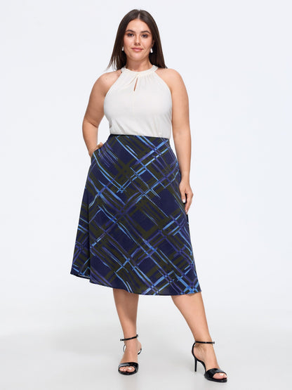 Brush Print Plaid Pocket Midi Skirt