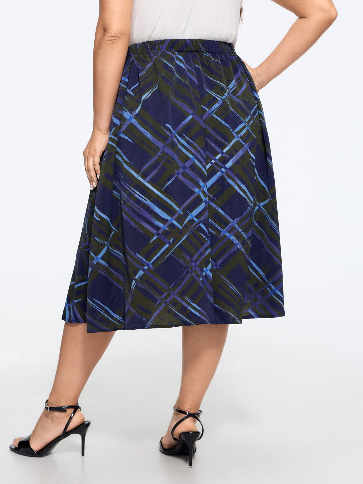 Brush Print Plaid Pocket Midi Skirt