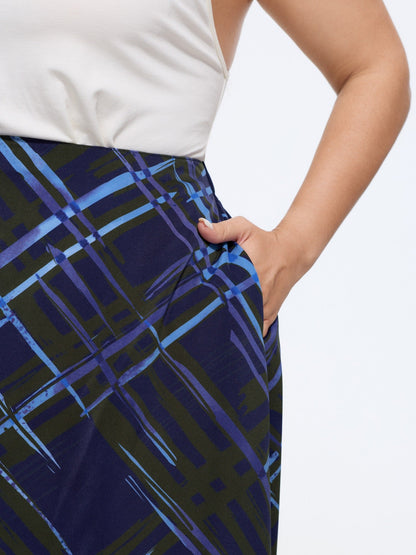 Brush Print Plaid Pocket Midi Skirt