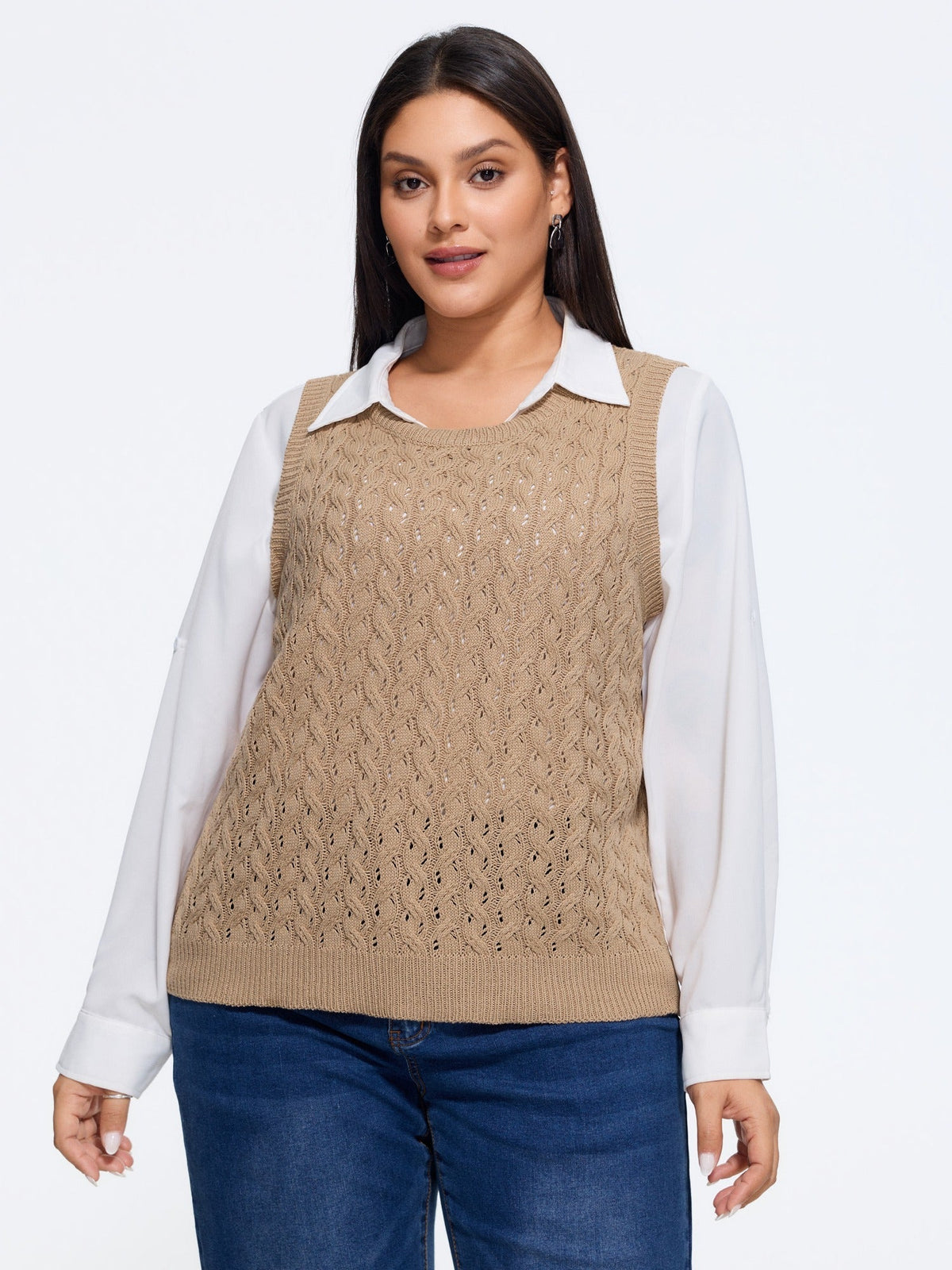 Crew Neck Hollow‑Out Cable Knit Sweater Vest