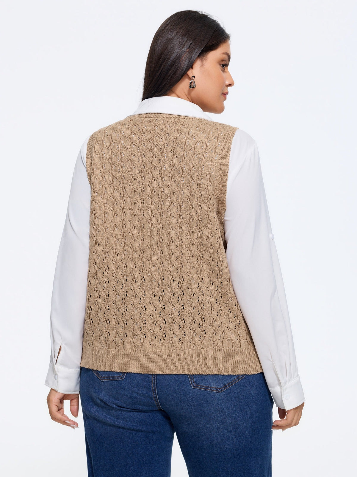 Crew Neck Hollow‑Out Cable Knit Sweater Vest