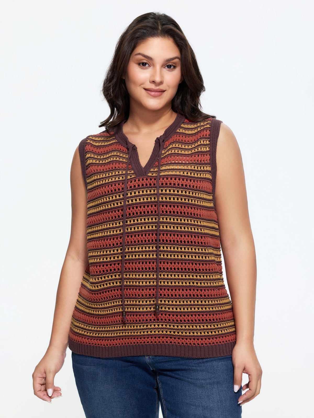 Color Block Striped Cutout Tie Front Sweater Vest