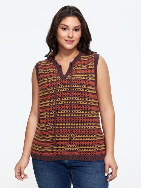 Color Block Striped Cutout Tie Front Sweater Vest