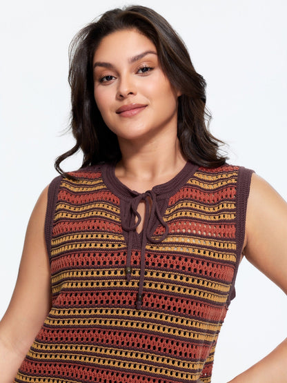 Color Block Striped Cutout Tie Front Sweater Vest
