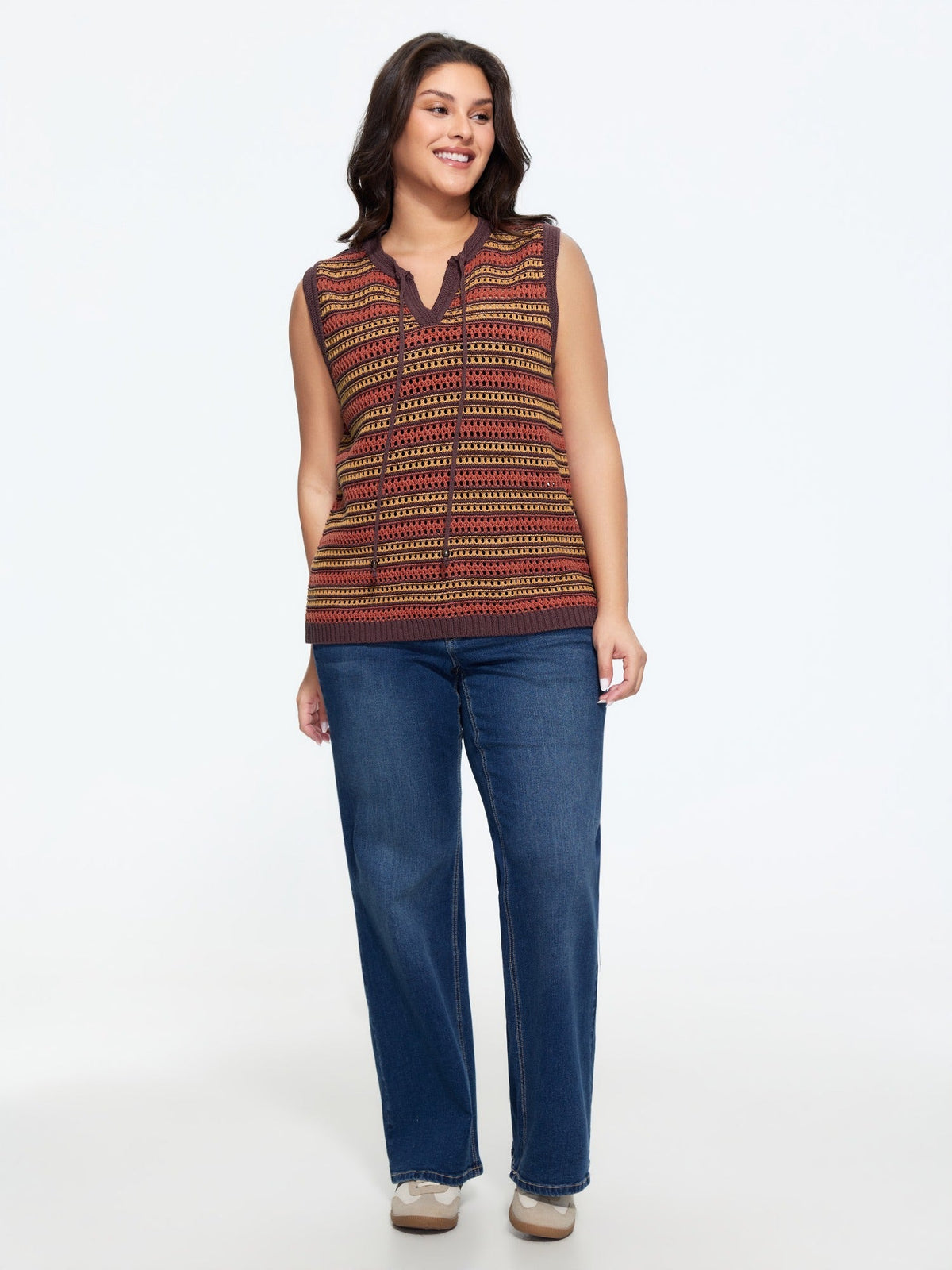 Color Block Striped Cutout Tie Front Sweater Vest