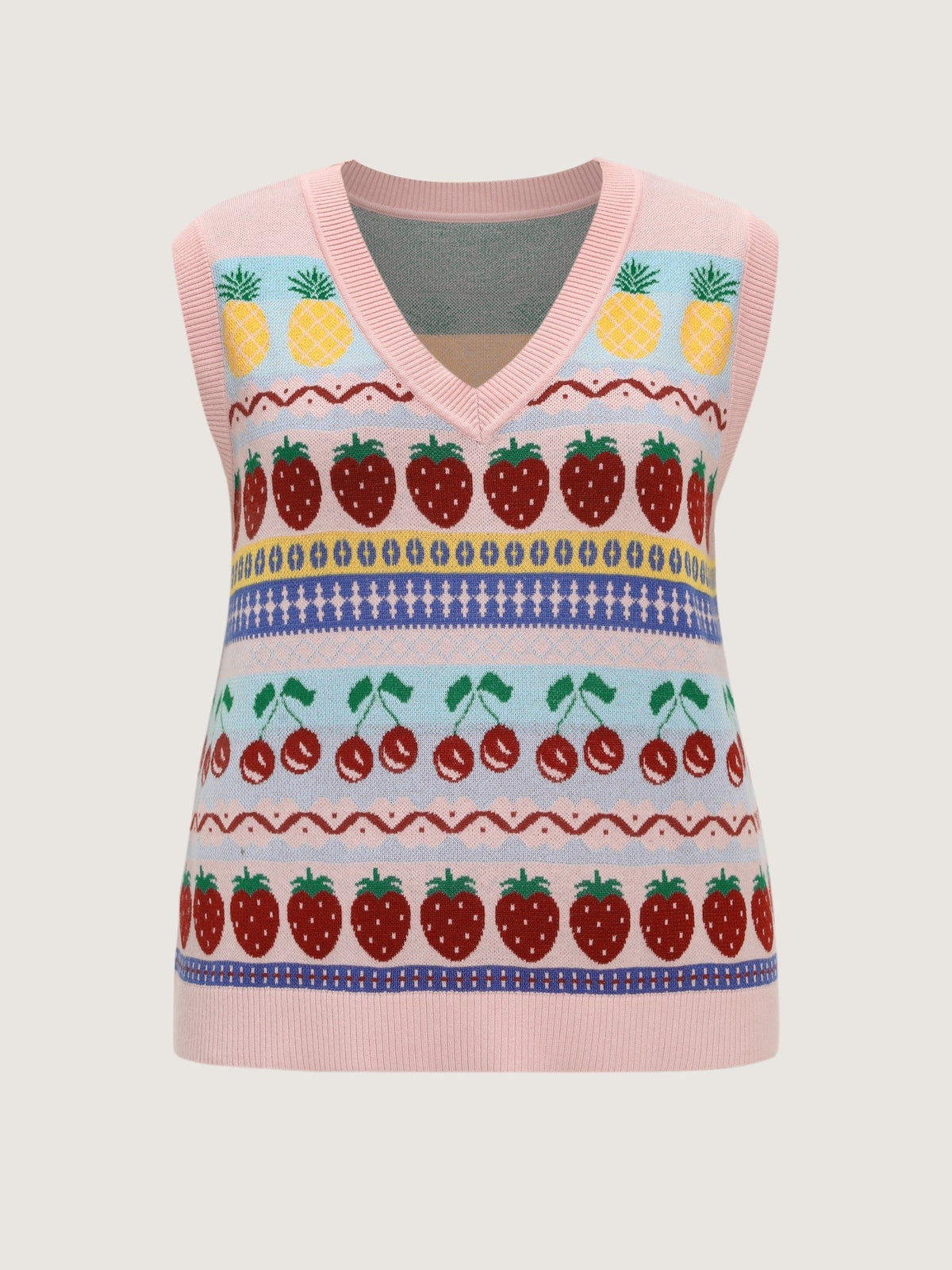 Supersoft V‑Neck Fruit Jacquard Pattern Sweater Vest