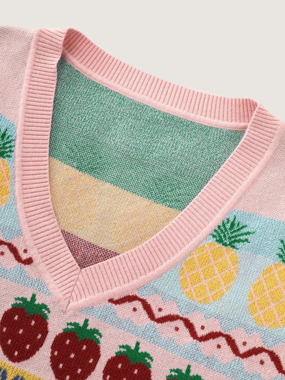 Supersoft V‑Neck Fruit Jacquard Pattern Sweater Vest