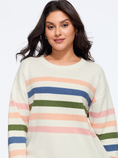 Contrast Striped Crew Neck Loose Fit Pullover