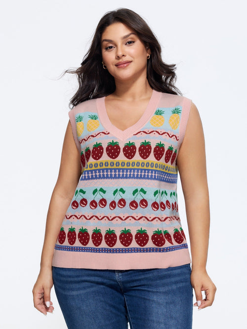 Supersoft V‑Neck Fruit Jacquard Pattern Sweater Vest
