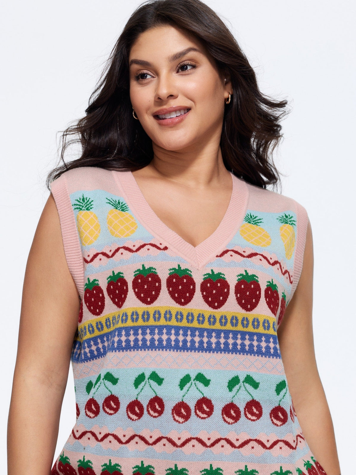 Supersoft V‑Neck Fruit Jacquard Pattern Sweater Vest