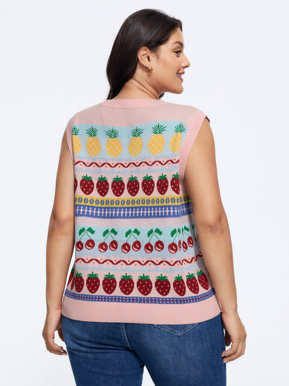Supersoft V‑Neck Fruit Jacquard Pattern Sweater Vest