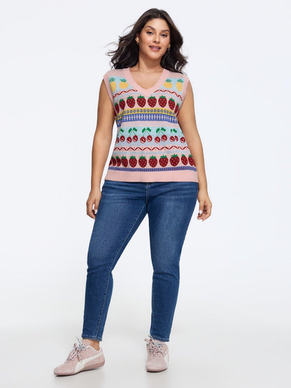 Supersoft V‑Neck Fruit Jacquard Pattern Sweater Vest